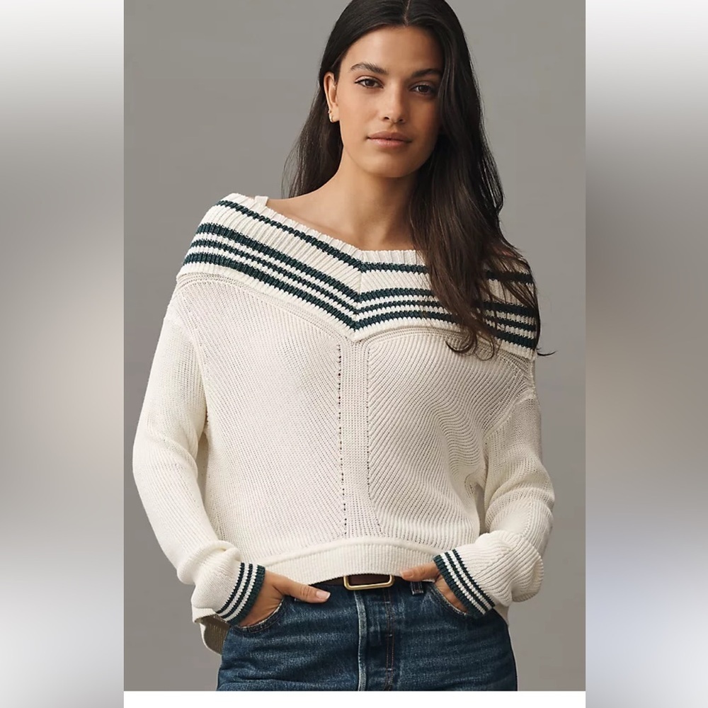 Anthropologie Maeve Off Shoulder Sweater Ivory Green Accents XL